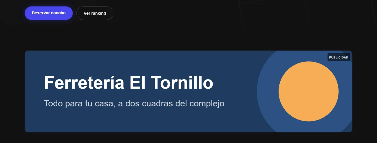 Sitio del complejo de ejemplo: debajo de los botones de la portada, el banner de un comercio marcado como publicidad.