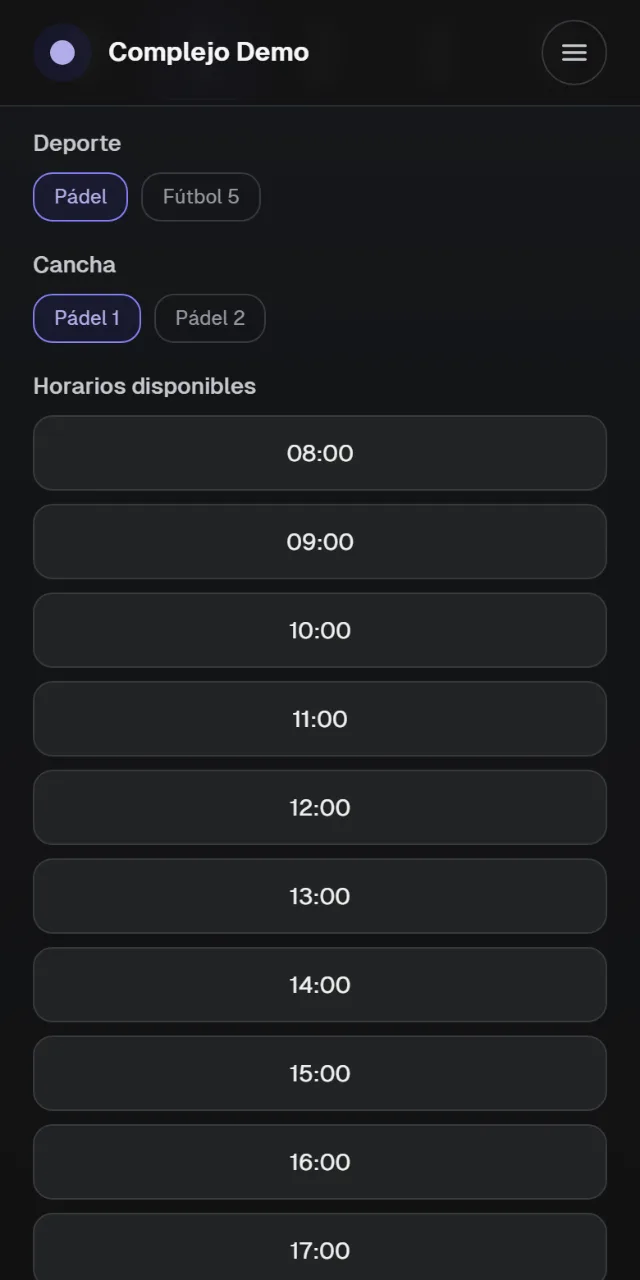 Sitio de reservas del complejo de ejemplo: día, cancha y horarios disponibles.