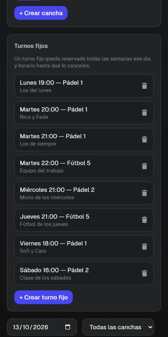 Panel: lista de turnos fijos por día, horario y cancha.